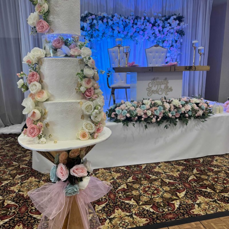 Consider The Wellington when researching Fishers Venues to Get Married image shows wedding cake in front of decorated table
