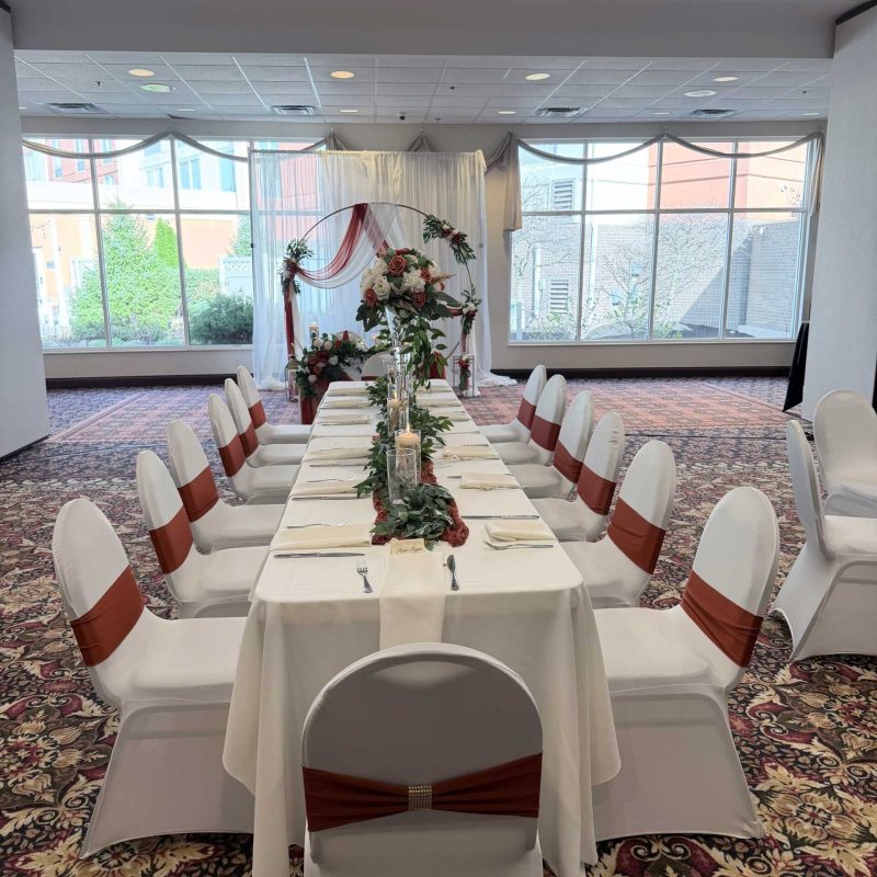 Tour The Wellington when scouting around for a Fishers Wedding Facility Near Me image shows decorated table and chairs